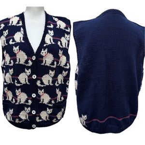 SPORTSWORKS Novelty Cat Print Knit Button Up Sweater Vest Navy White Red
